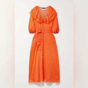ROTATE Birger Christensen Ellie Vibrant Orange Belted Chiffon Midi Dress Size 8